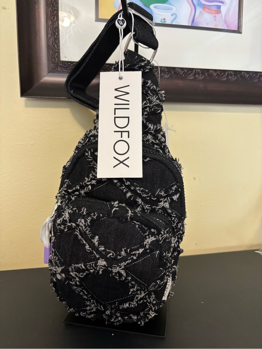 WILDFOX Black Frayed Quilted Crossbody Sling Bag